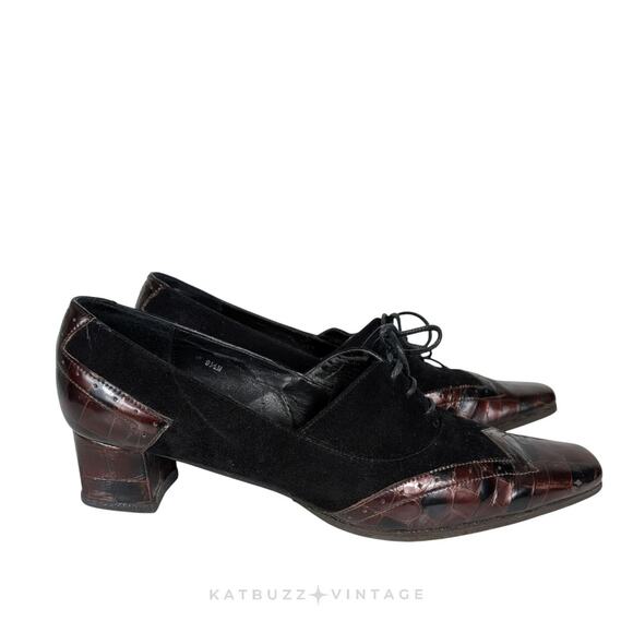 Y2K Leather Heels Lace Up Loafers 9.5 Black Brown Wingtip Suede Square Academia - Picture 1 of 11